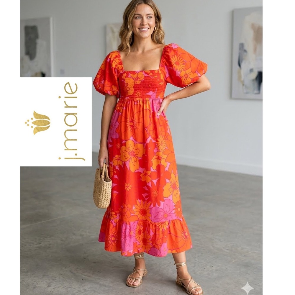 J.‎ Marie Orange Pink Floral Puff Sleeve Midi Dress Sz XS Barbiecore Maximalism